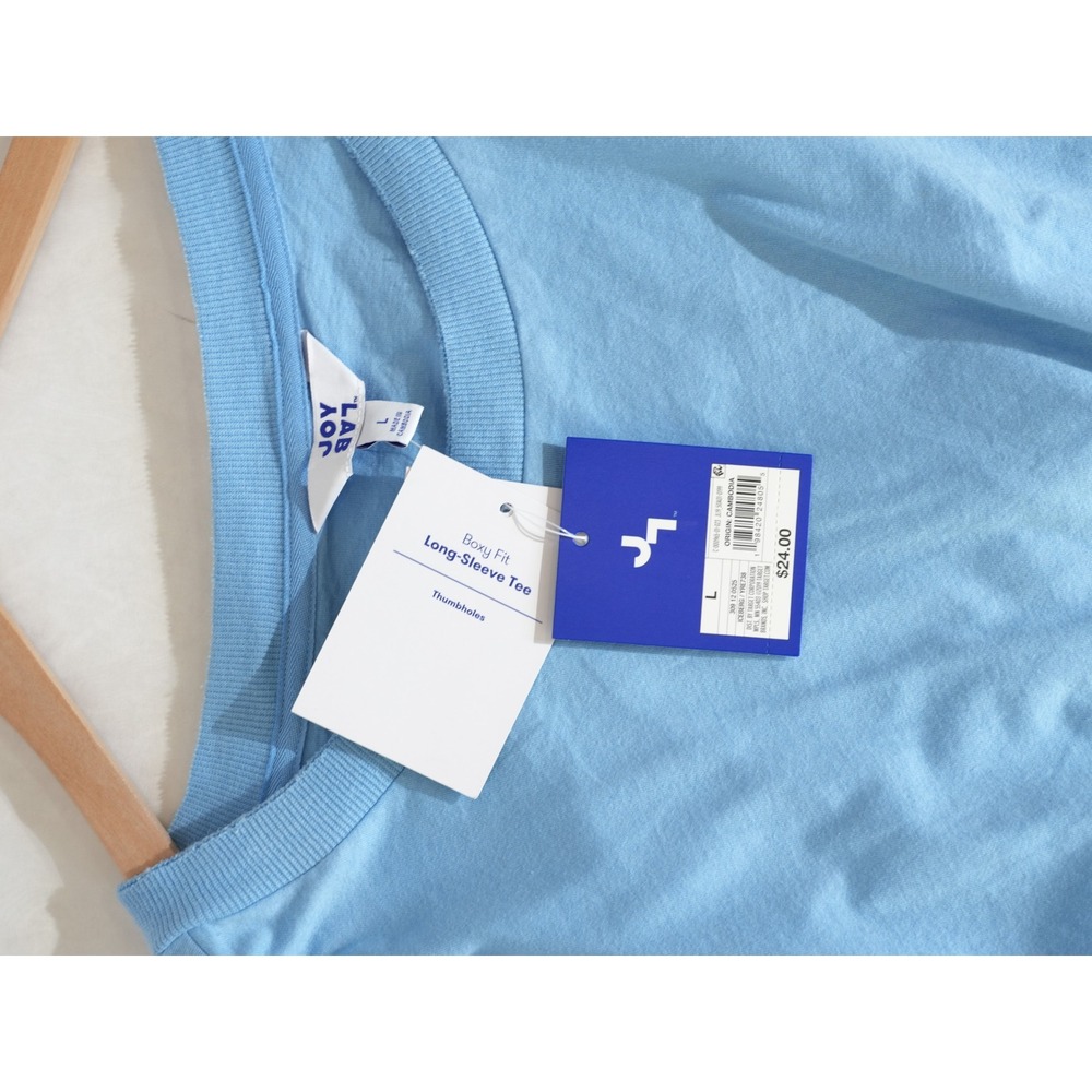 JoyLab Long-Sleeve Tee Women Large Blue Boxy Fit Thumbhole Tulip Wrap Back NWT - Picture 4 of 9